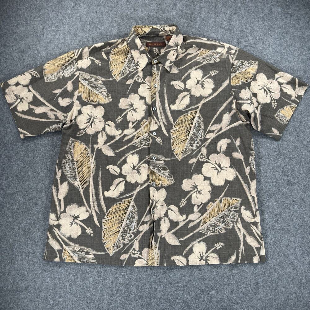 Tori Richard Hawaiian Shirt Mens 2XL Brown Floral Cotton Lawn Made in USA